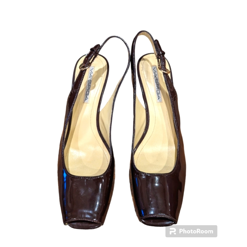 Via Spiga/Brown/Patent Leather/Peep Toe/Slingback/Wedges/Sz 8.5